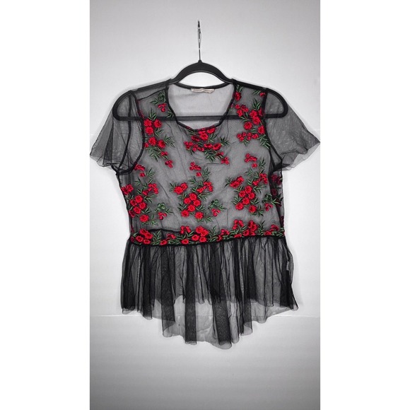 Twinkle Black Mesh Top Red Floral Embroidered Peplum Short Sleeve Blouse - Picture 1 of 3